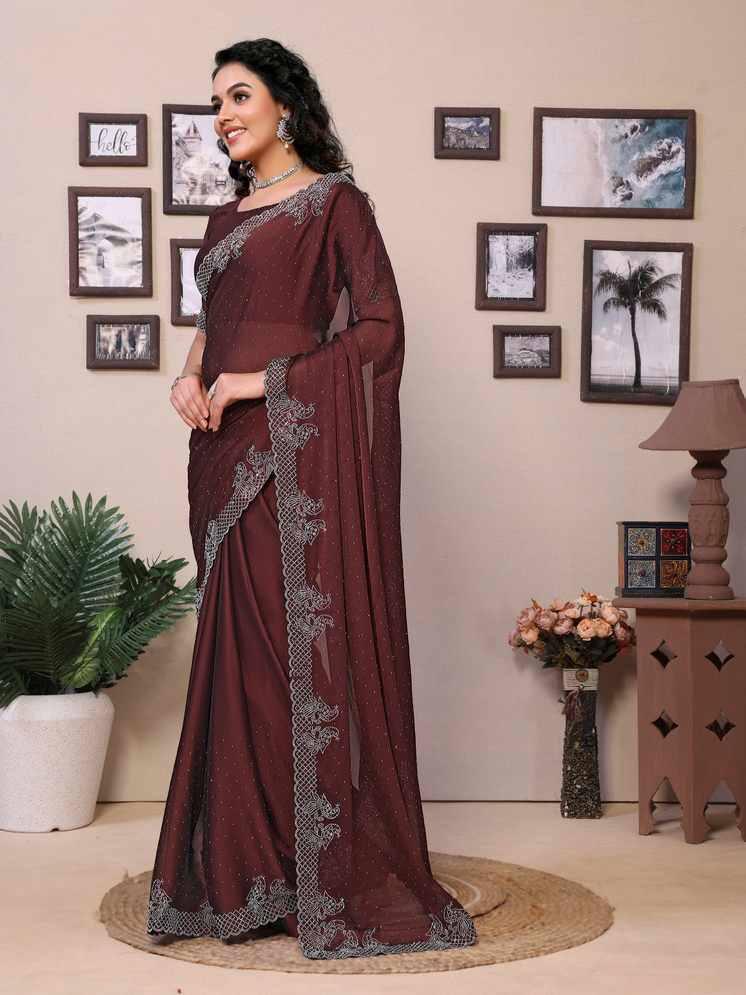 Fancy Coffee Rangoli Silk Saree With Diamond Work