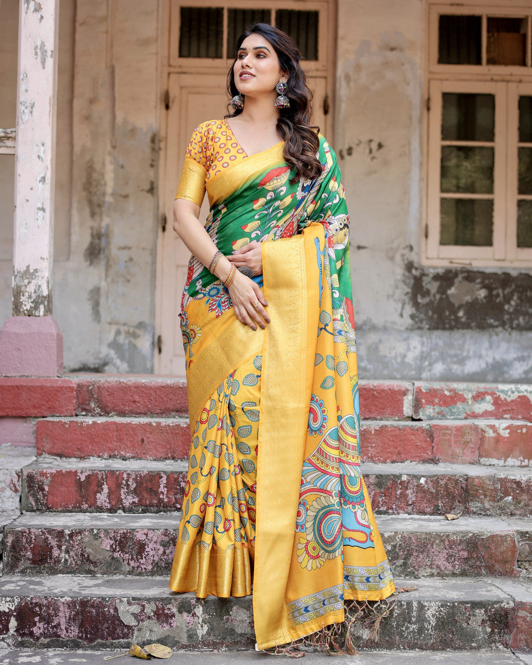 Multi Kalamkari Digital Printed Tussar Silk Saree With Zari Motif Border
