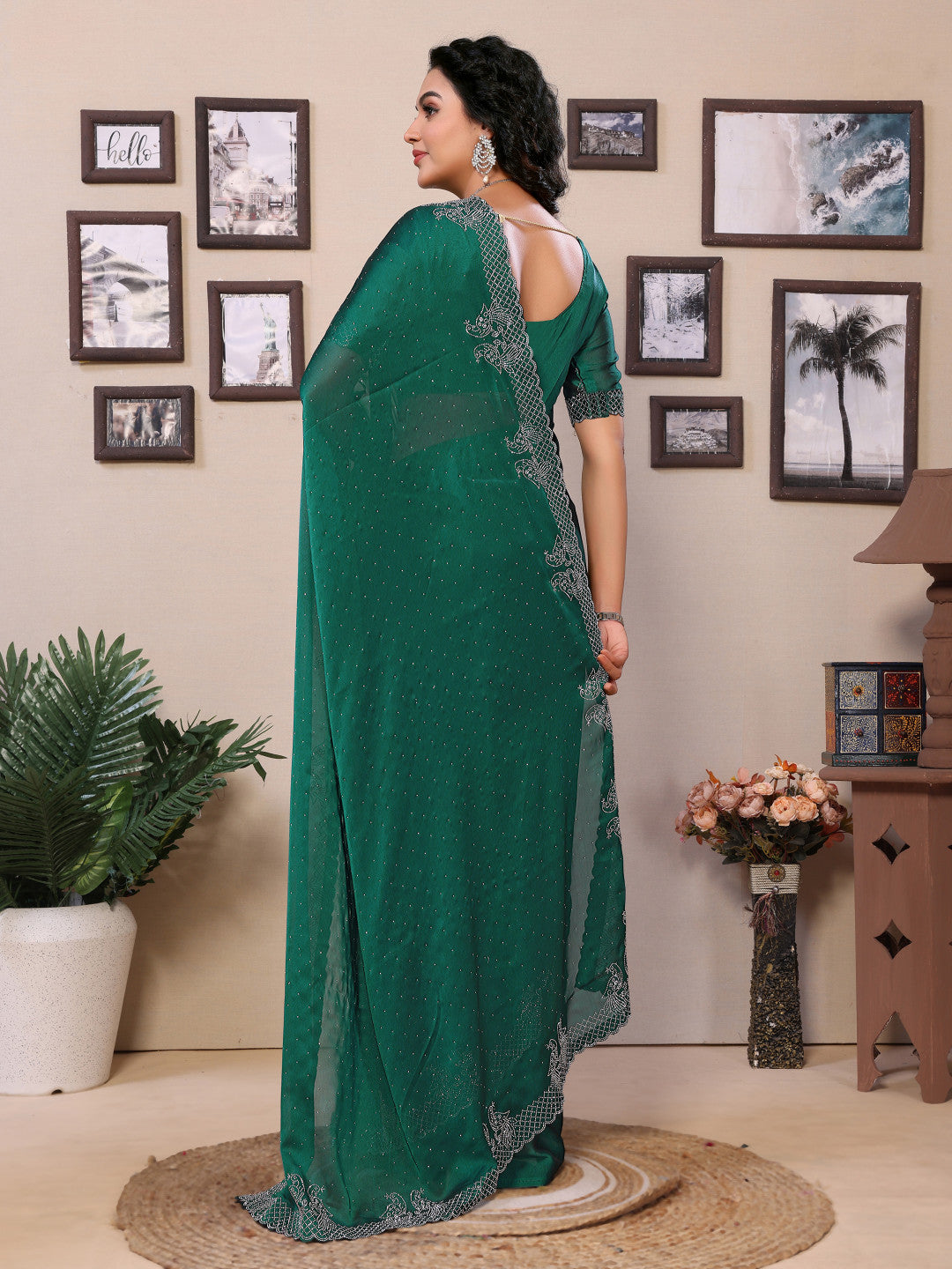 Fancy Green Rangoli Silk Saree With Diamond Work