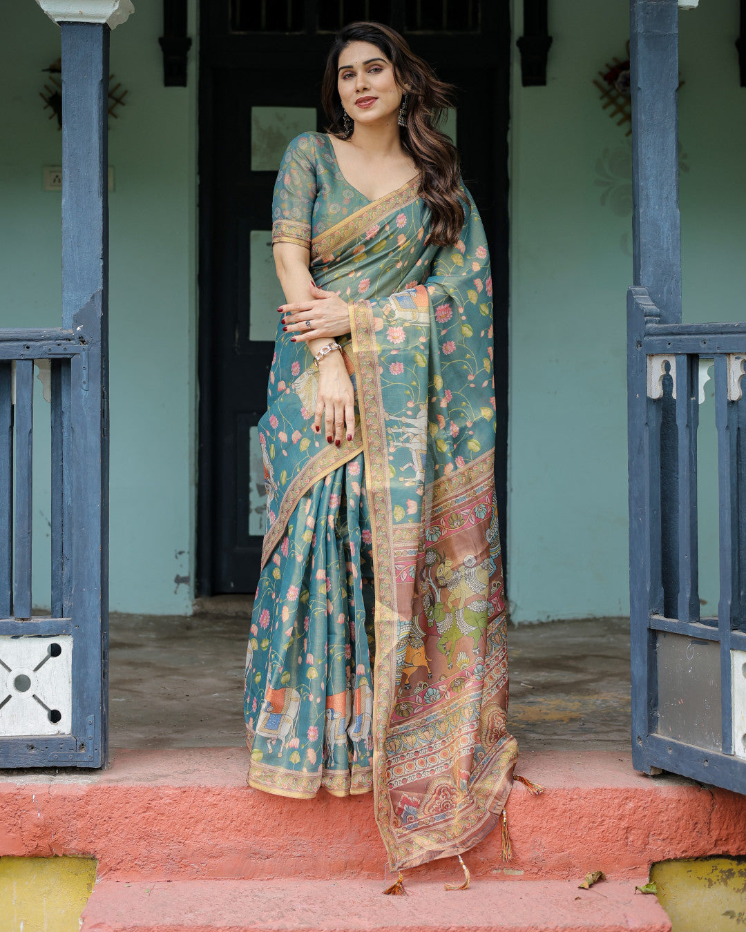 Multi Kalamkari Digital Printed Linen Cotton Saree