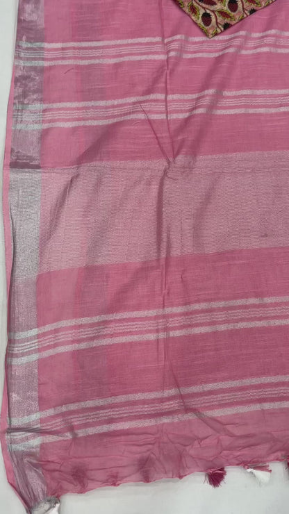 Sky Blue Colour Pure Plain Linen Cotton Saree With Ajrakh Blockprinted Cotton Blouse