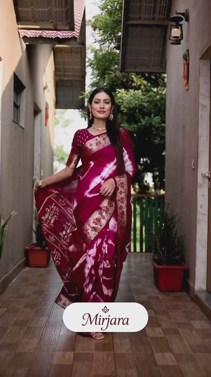 Red Color Soft Dola Silk Saree With Shibori Print & Zari Weaving Work