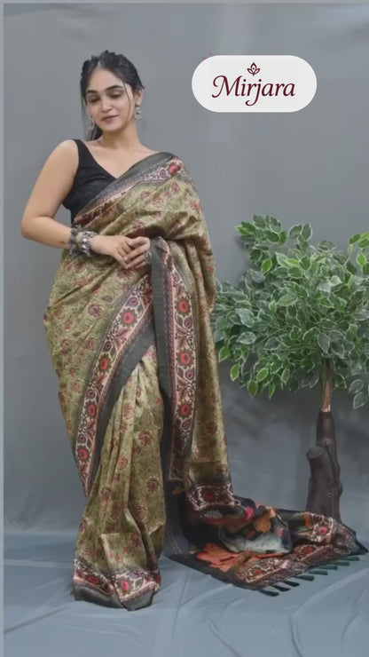 Pista Green Color Soft Silk Saree With Kalamkari Digital Printed Work
