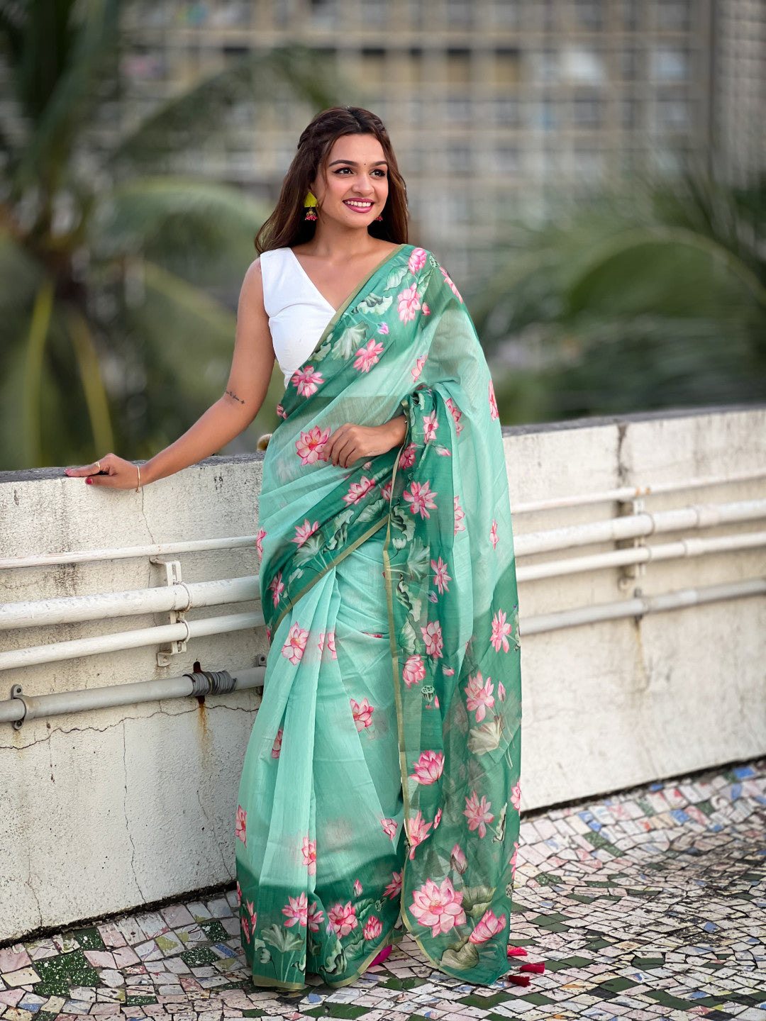 Sea Green Pichwai Printed Chanderi Cotton Saree