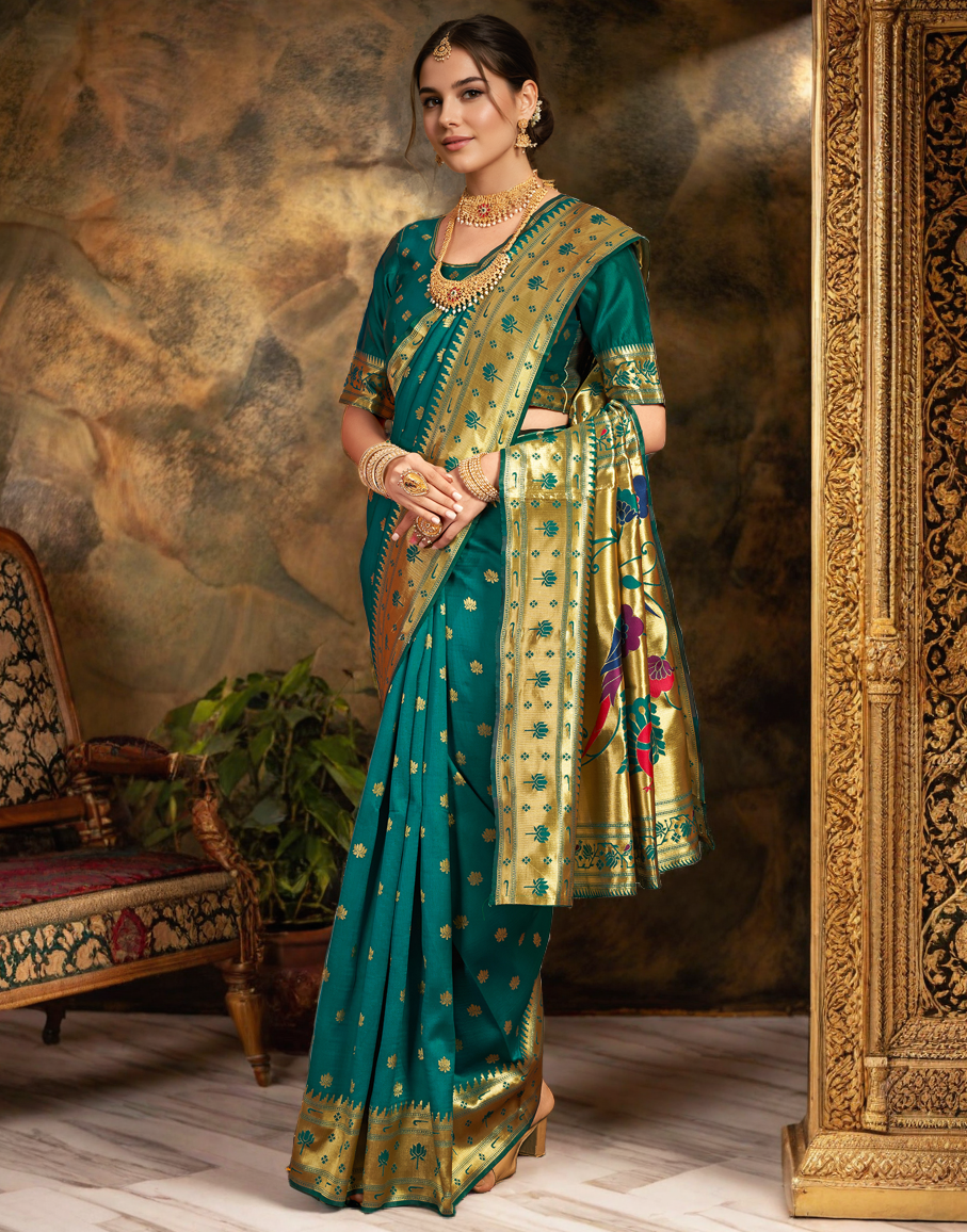Traditional Rama Green Paithani Silk Saree With Zari Weaving Work