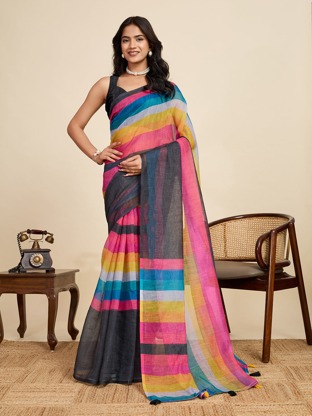 Multi Linen Cotton Saree With Digital Printed Work And Silver Zari Border