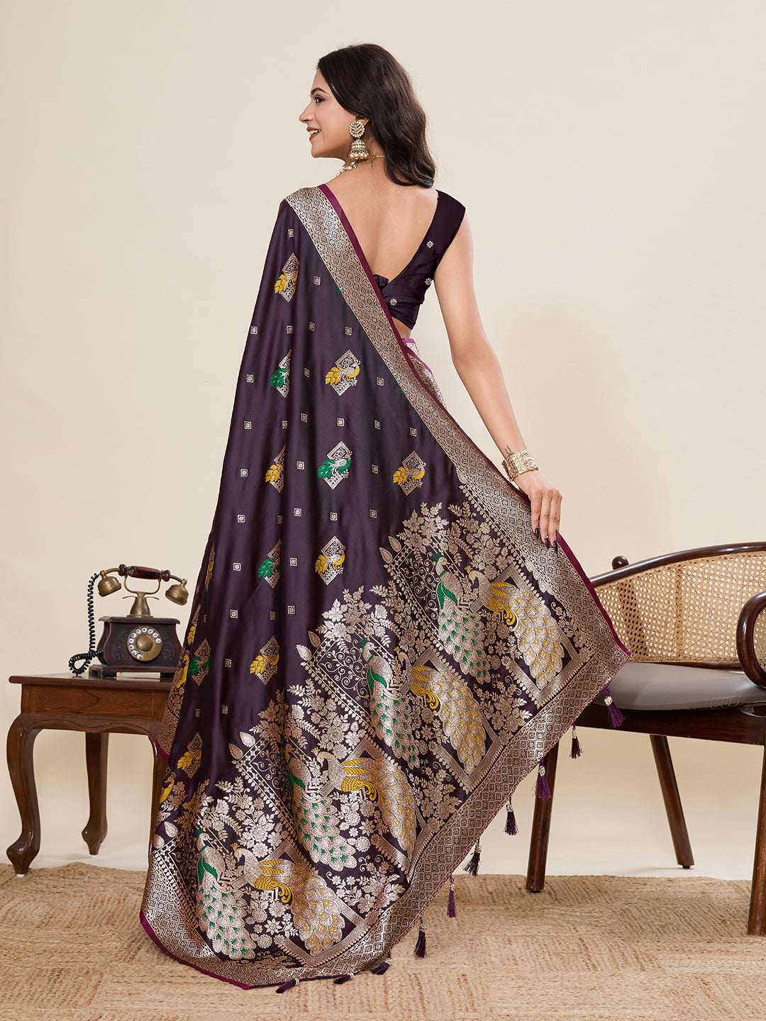 Wine Soft Satin Silk Saree With Zari Weaving Work And Paithani Pallu