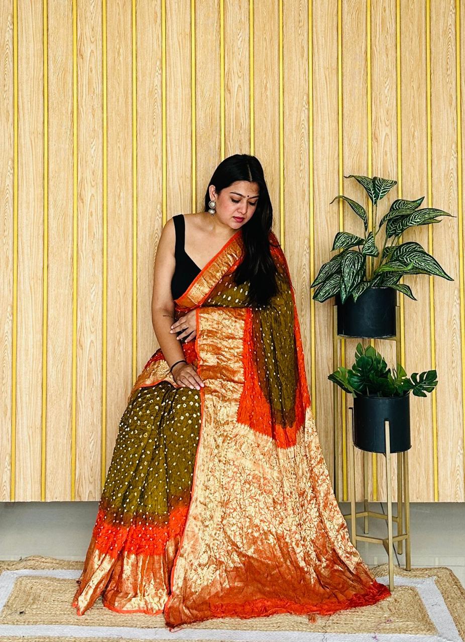 Kanjivaram Bandhani Saree With Hand Daing