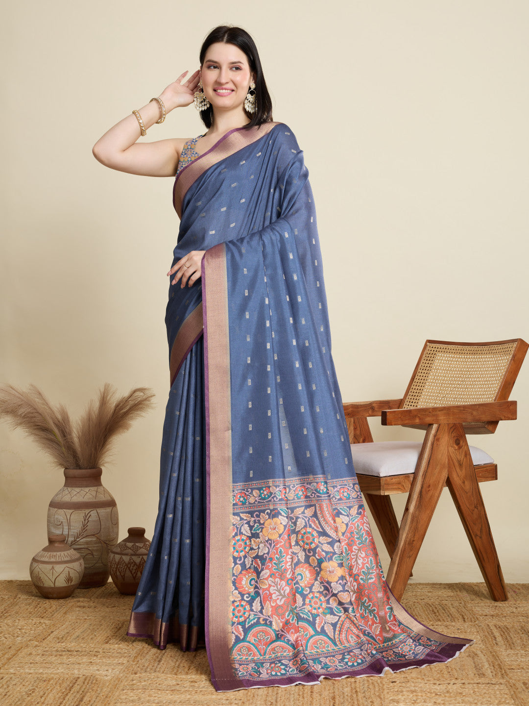 Blue Soft Cotton Saree With Kalamkari Digital Printed Pallu & Zari Border