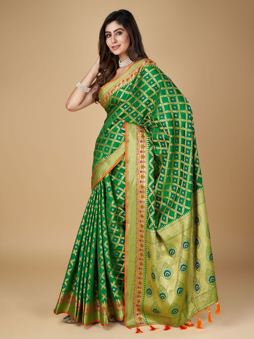 Green Color Patola Silk Saree With Zari Weaving Work