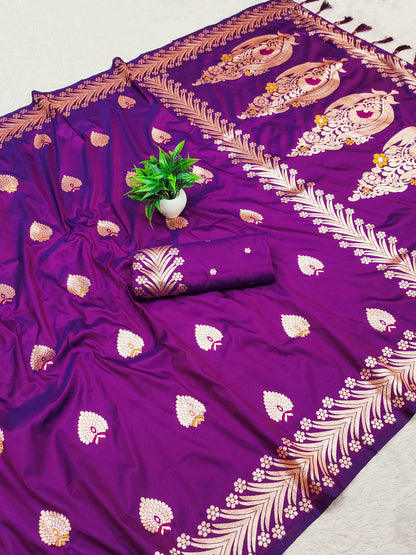 Purple Traditional Banarasi Silk Saree With Zari Weaving Work