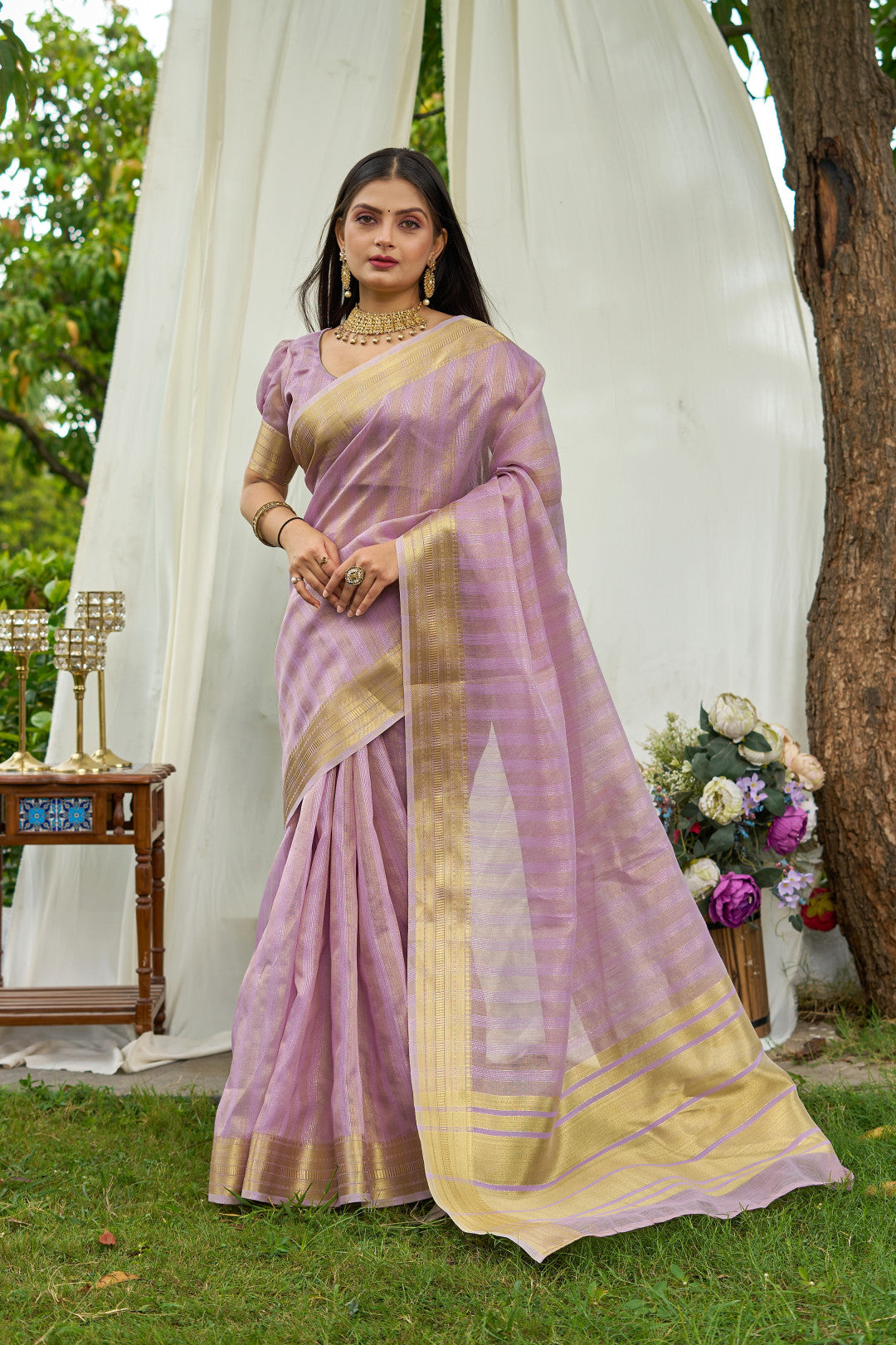 Lavender Colour Linen Cotton Saree With Zari Weaving Border