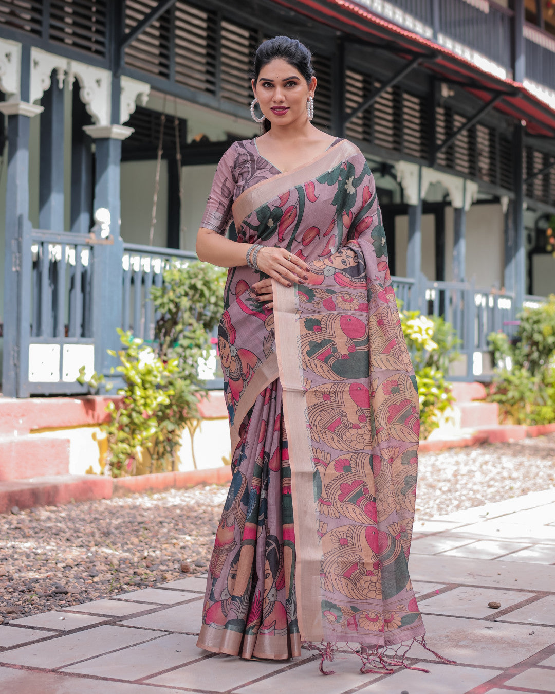 Beige Soft Linen Cotton Saree With Kalamkari Digital Printed Work