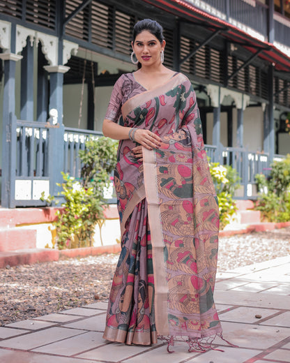 Beige Soft Linen Cotton Saree With Kalamkari Digital Printed Work