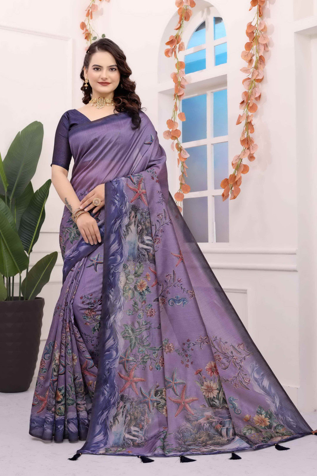 Lavender Kalamkari Printed Premium Tussar Silk Saree