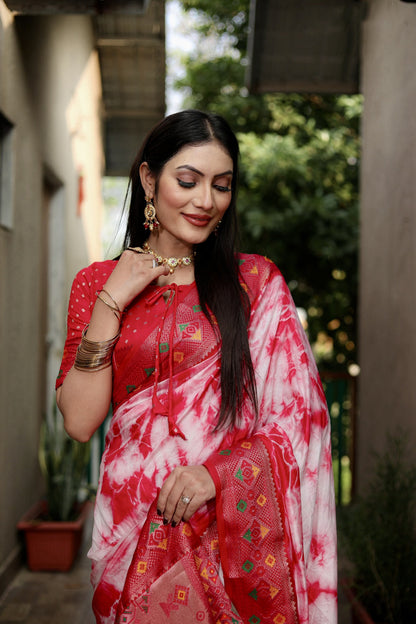 Red Color Dola Silk Saree With Shibori Printed Work
