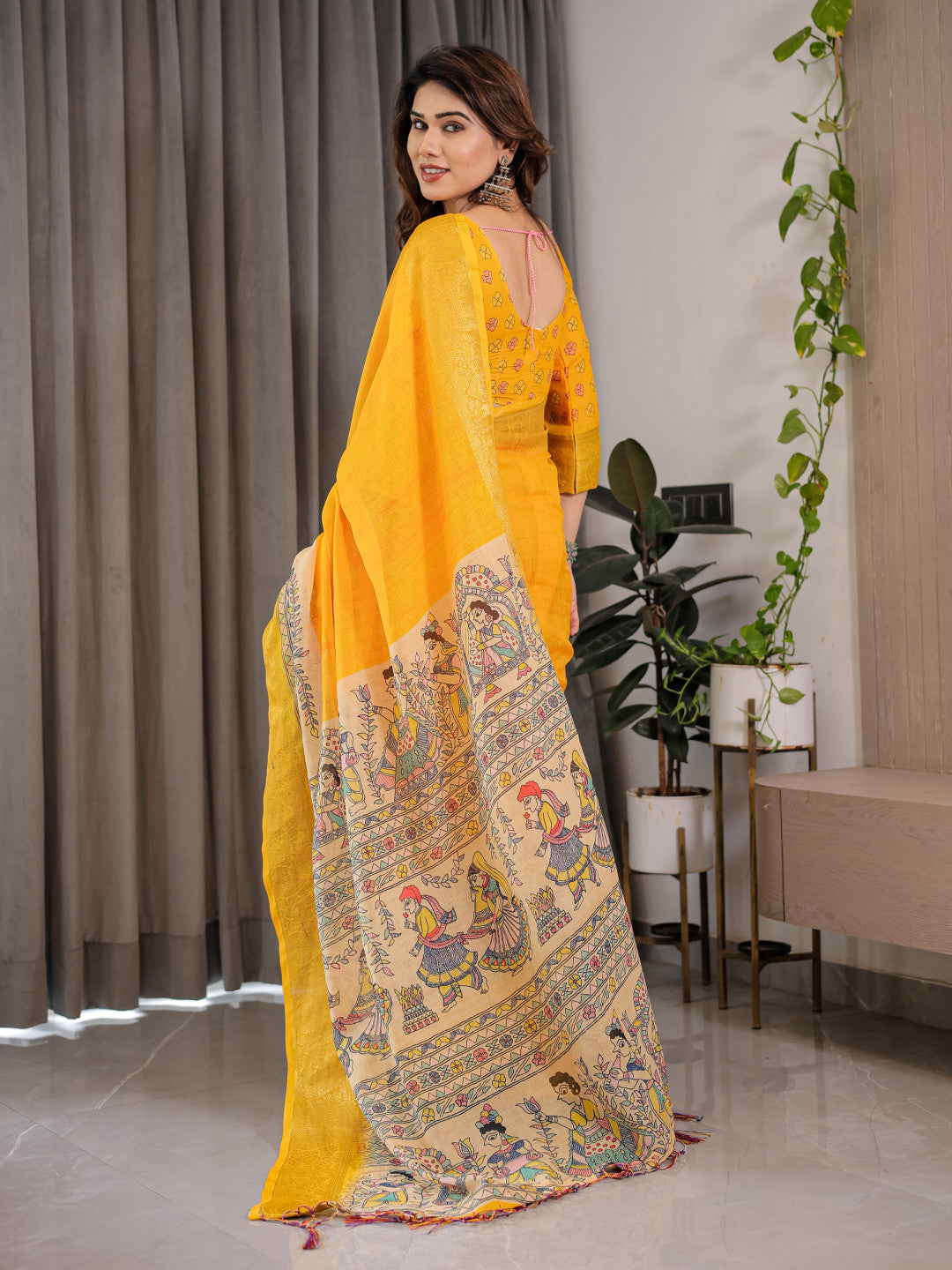 Yellow Kalamkari Digital Printed Linen Cotton Saree