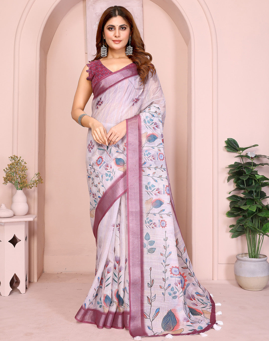 Lavender Linen Cotton Saree With Digital Printed Work And Silver Zari Border