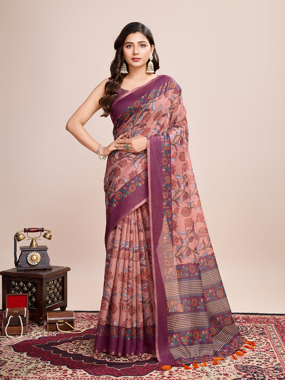 Multi Soft Linen Cotton Saree With Kalamkari Printed Work