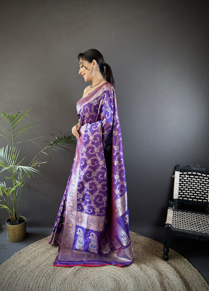 Purple Banarasi Silk Saree With Meenakari Zari Weaving Work