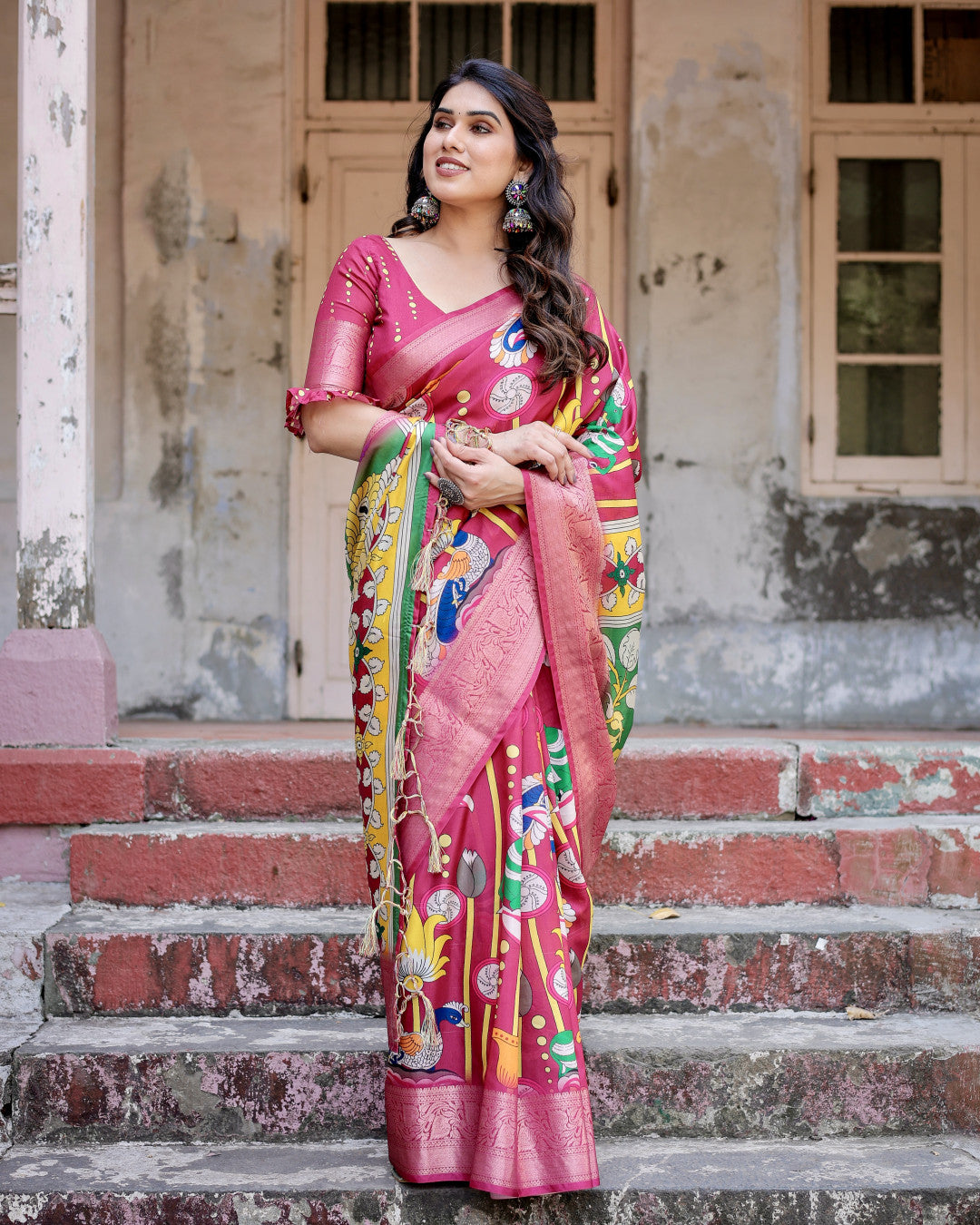 Pink Kalamkari Digital Printed Tussar Silk Saree With Zari Motif Border