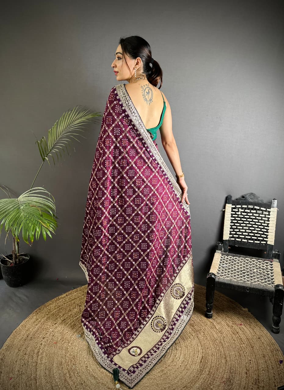 Wine Traditional Blooming Vichitra Khadi Bandhej Silk Saree With Sequence Work
