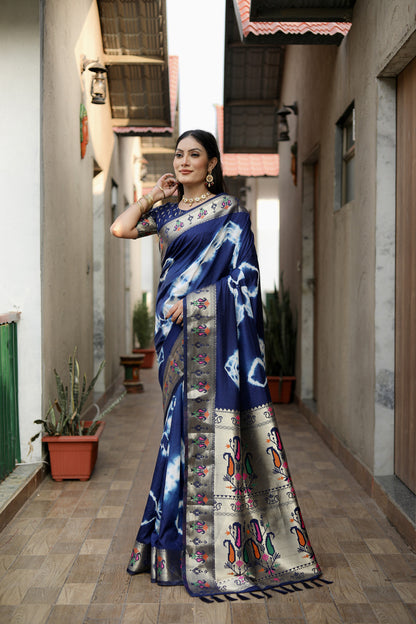 Navy Blue Color Soft Dola Silk Saree With Shibori Print & Zari Weaving Work
