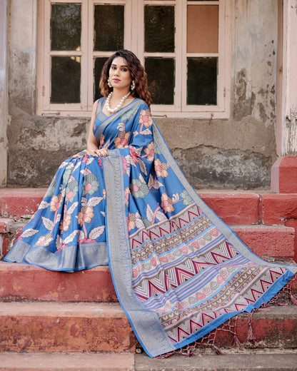 Blue Digital Kalamkari Printed Tussar Silk Saree With Zari Motif Border