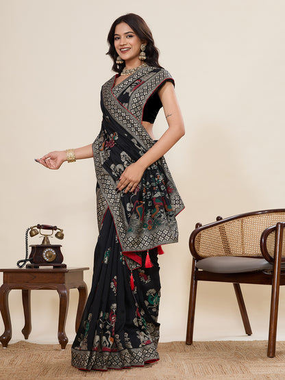 Black Cotton Saree With Table Printed And Foil Work With Pipeing Border