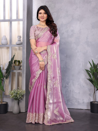 Lavender Fancy Shimmer Chiffon Saree With Embroidery Work