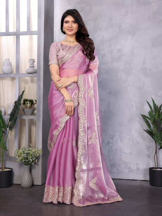 Lavender Fancy Shimmer Chiffon Saree With Embroidery Work