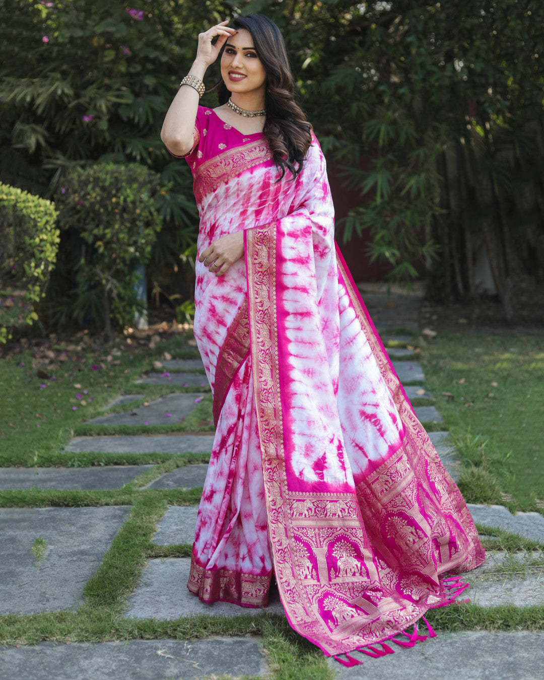Rani Pink Color Dola Silk Saree With Shibori Printed Work