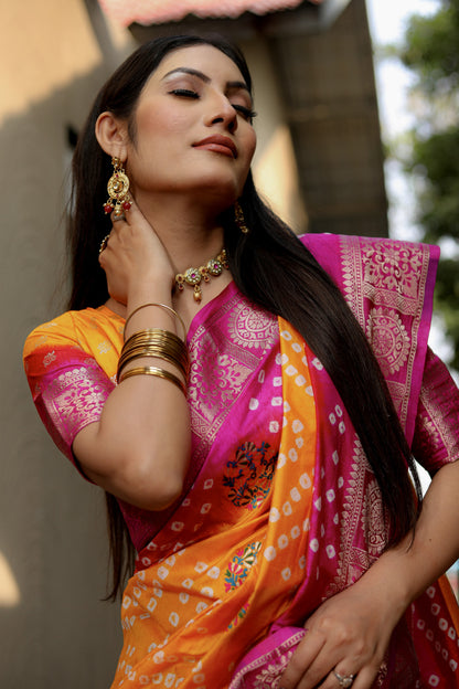 Multi Color Soft Bandhej Silk Saree With Zari Weaving Work