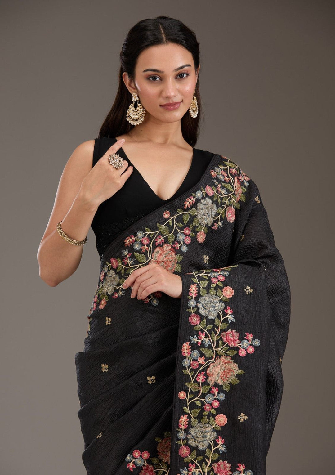 Black Fancy Crunchy Silk Saree With Multi Thread Work And Piping Lace Border