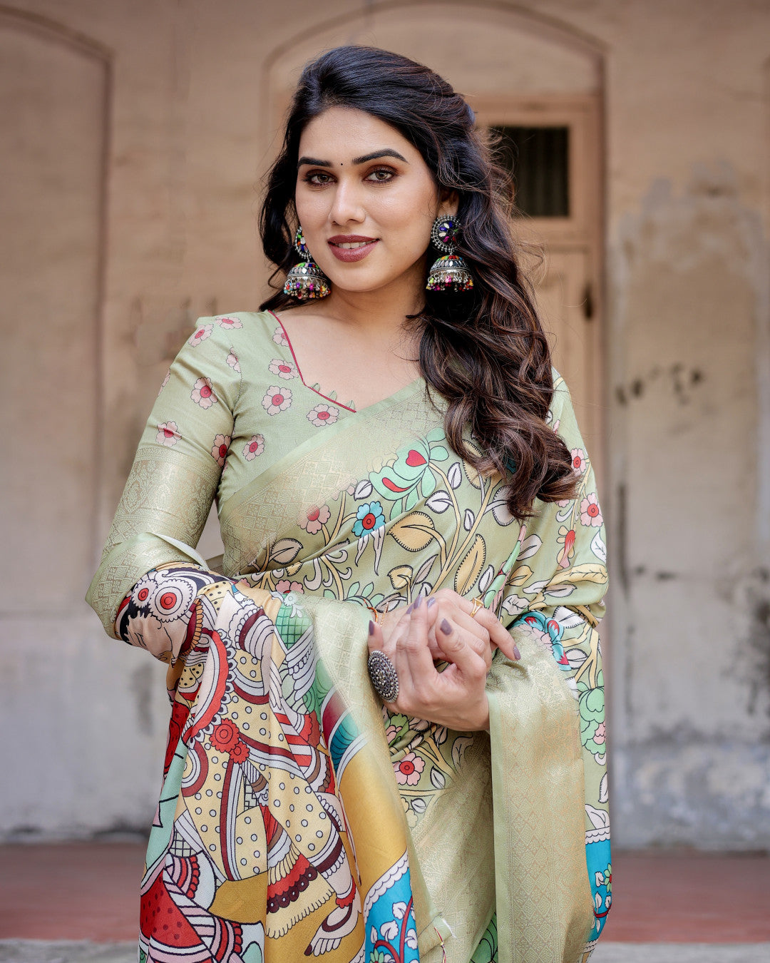 Pista Green Kalamakari Digital Printed Tussar Silk Saree With Zari Motif Border