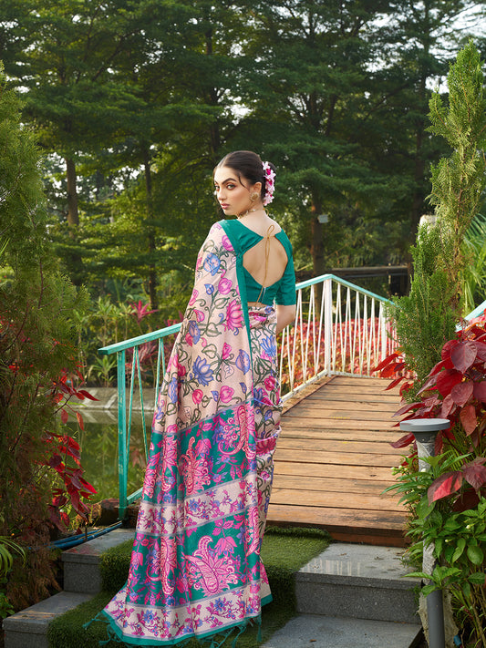Green Kalamkari Printed Designer Tussar Silk Saree