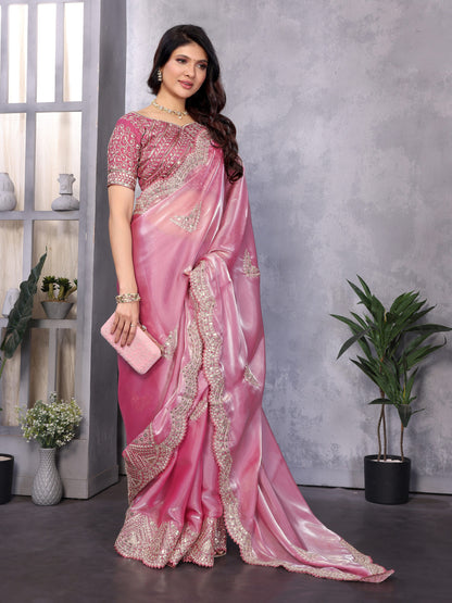 Baby Pink Fancy Shimmer Chiffon Saree With Embroidery Work