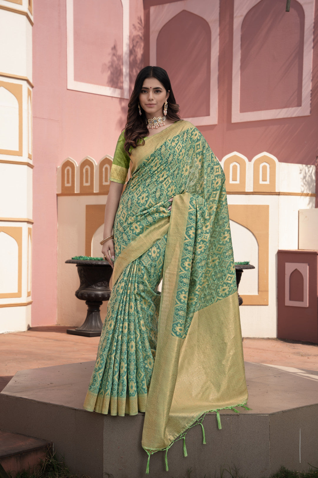 Green Cotton Ikkat Silk Saree With Zari Woven Work
