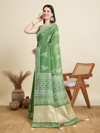 Pista Green Batik Printed Soft Cotton Saree With Sequence Work