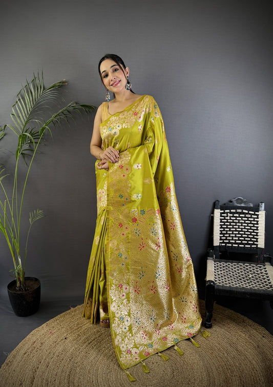 Parrot Green Premium Banarasi Silk Saree With Meenakari Zari Weaving Work