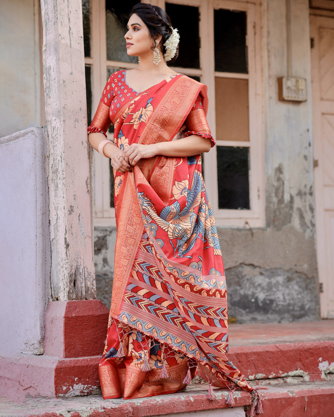 Red Digital Kalamkari Printed Tussar Silk Saree With Zari Motif Border