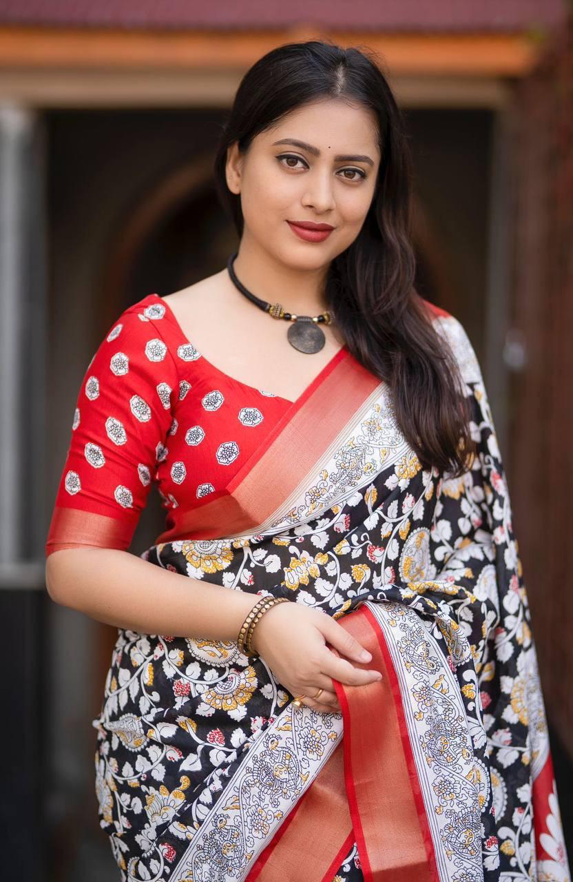 Black Soft Linen Cotton Saree With Kalamkari Printed Work