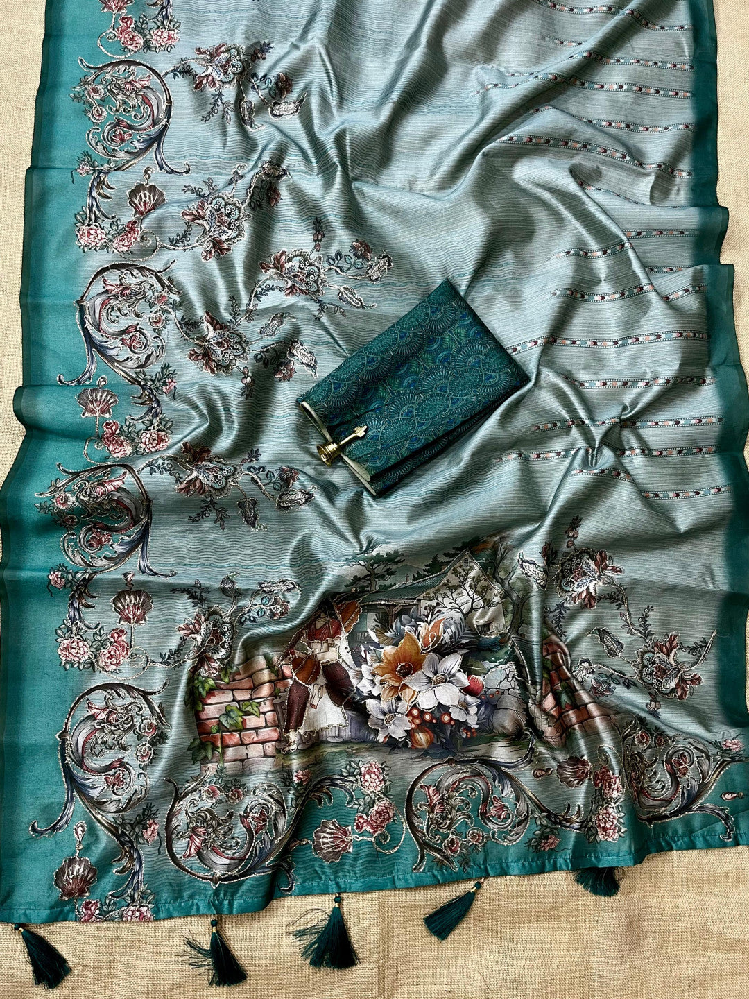 Light Green Kalamkari Printed Premium Tussar Silk Saree