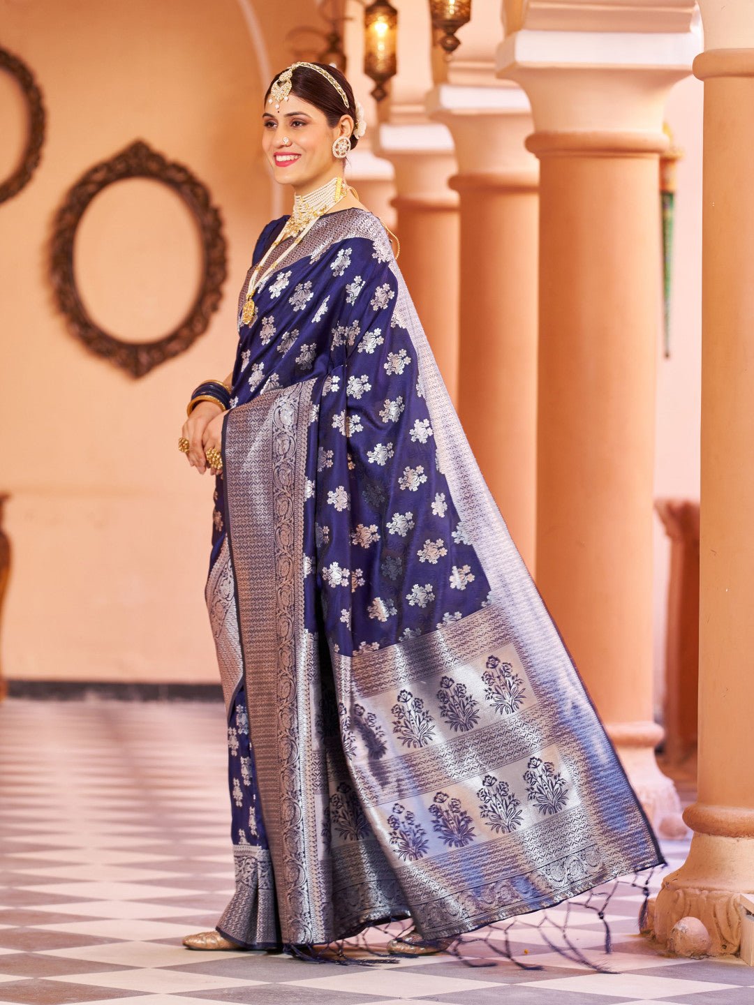 Navy Blue Color Soft Banarasi Silk Saree With Zari Weaving Work