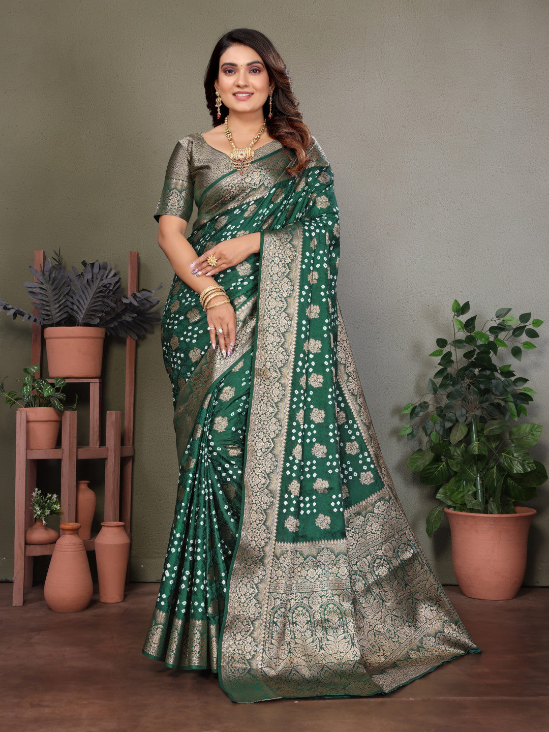 Green Premium Bandhej Silk Saree With Zari Weaving Work
