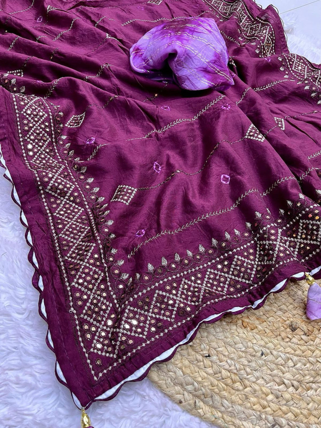 Magenta Soft Cotton Saree With Mirron & Thread Work
