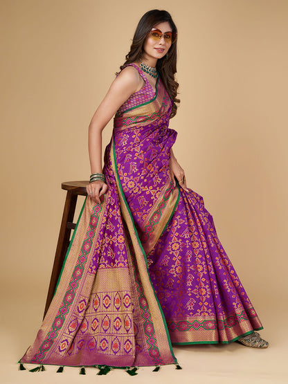 Purple Color Patola Silk Saree With Zari Weaving Work
