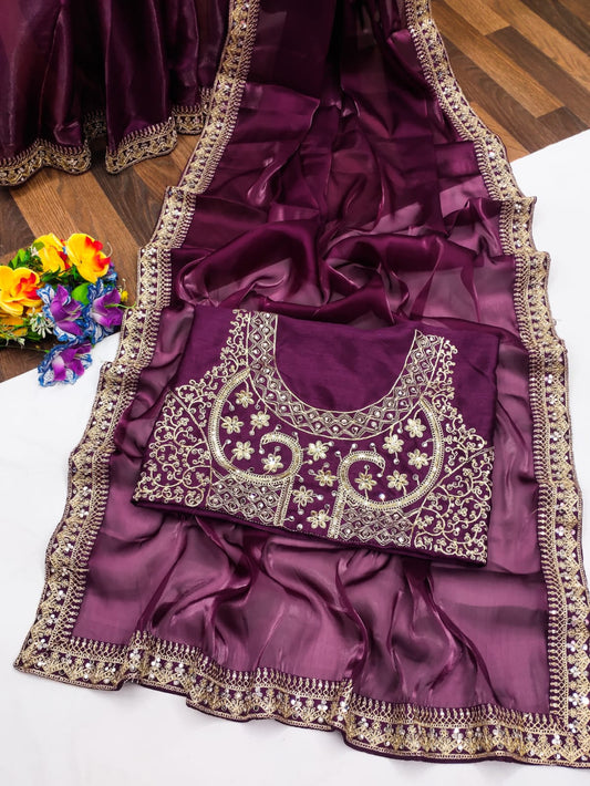 Wine Fancy Jimmy Choo Satin Silk Saree With Embrodery & Sequence Work