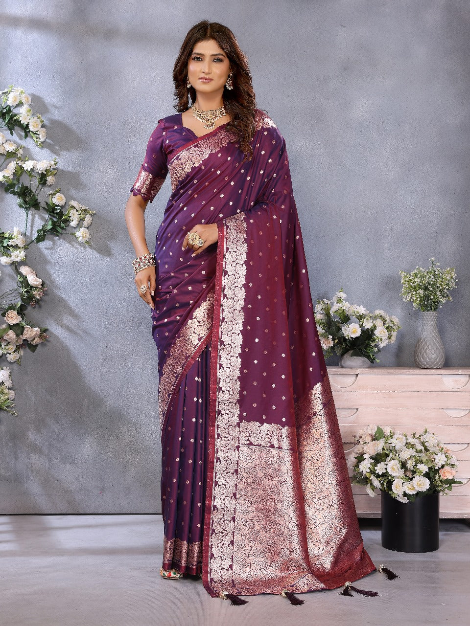 Wine Traditional Banarasi Silk Saree With Zari Weaving Work