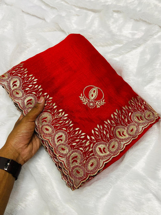 Red Color Vichitra Silk Saree With Beautiful Cutwork & Embroidery Border